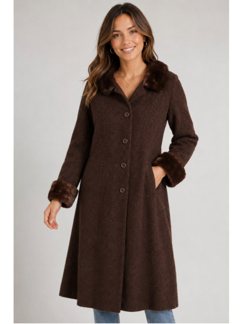 Vintage Emporium Brown Wool Coat Fox Fur Collar Cuffs Silk Lined Union Made